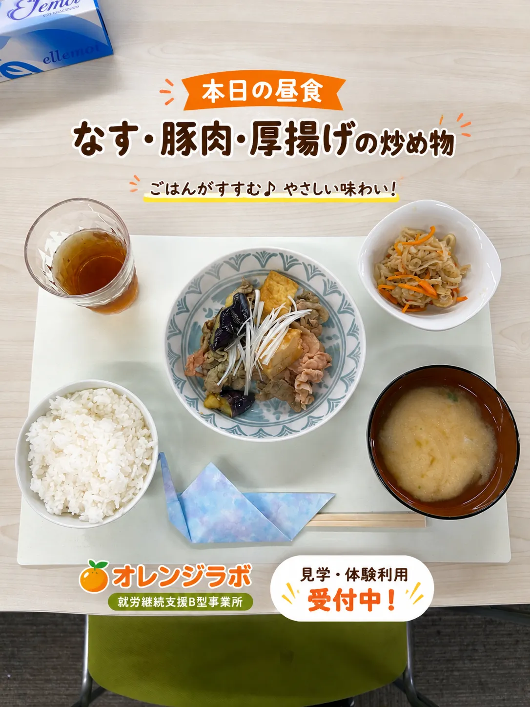 本日のランチなす・豚肉・厚揚げの炒め物