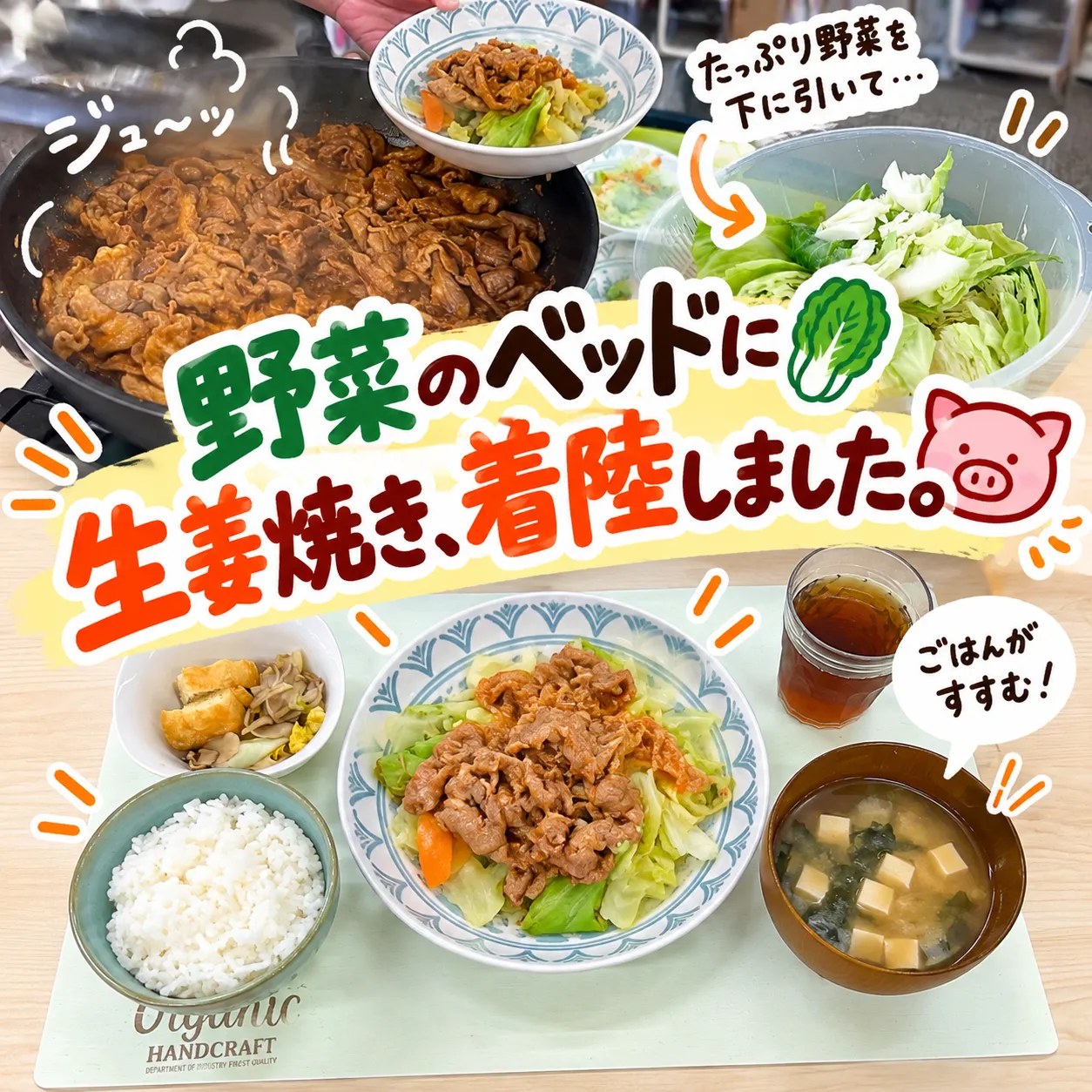 本日の昼食、野菜たっぷり生姜焼き